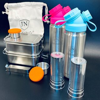 2er-Edelstahl-Spar-Set: Je 2 x JuNiki&acute;s&reg; Lunchbox + Trinkflasche isoliert 550ml + Teefilter