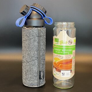 Set: JuNiki&acute;s W&uuml;rstchen&reg; Verschluss + Filzh&uuml;lle grau + Deckelhalter blau