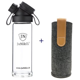 Set: JuNiki&acute;s Glasflasche  550ml/18oz + Filzh&uuml;lle grau