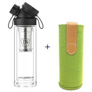 Set: JuNiki&acute;s Glasflasche doppelwandig mit Teefilter  320ml/11oz + Wollfilzh&uuml;lle gr&uuml;n