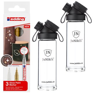 2 JuNiki&acute;s Glasflaschen + 3er Edding Glanzlackmarker Metallic